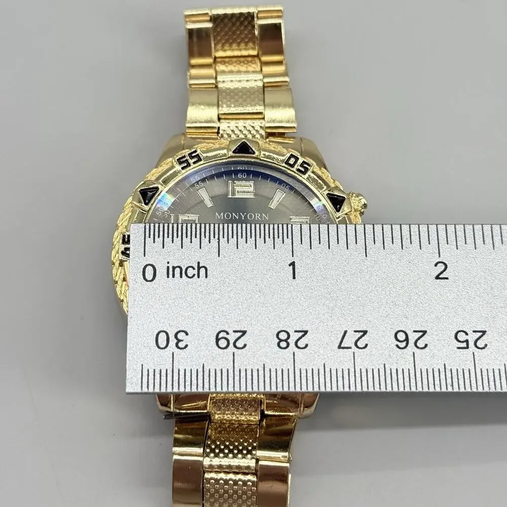 MONYORE Men's Gold Tone Watch Chronograph Look Dark Dial Quartz Wristwatch New